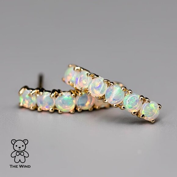 Minimalist Australian Solid Opal Curved Stud Earrings 14K Yellow Gold - Picture 4 of 5